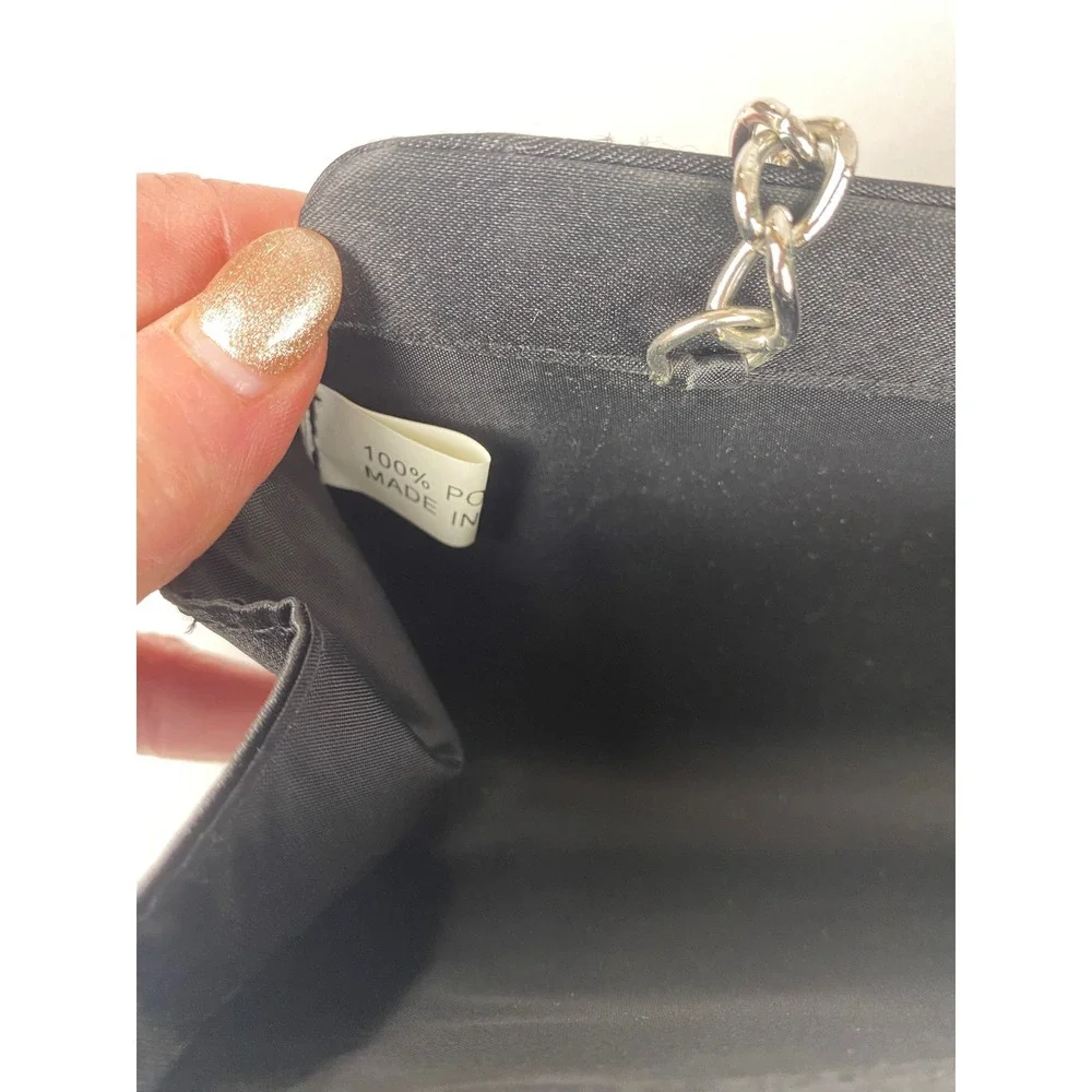 Black Satin Evening Clutch Bag Rhinestone Buckle Silver‎ Chain Strap Formal Bag